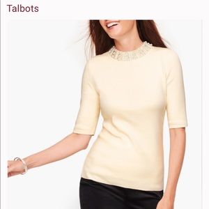 Talbots Petite Rhinestone EMBELLISHED COTTON BLEND SWEATER Cream Size PP